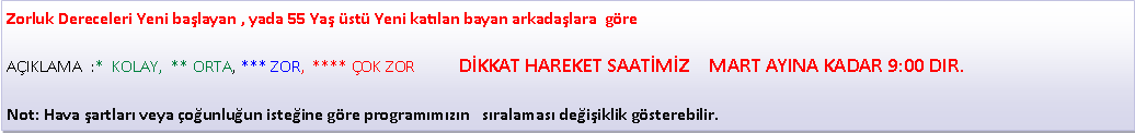 Metin Kutusu: Zorluk Dereceleri Yeni ba�layan , yada 55 Ya� �st� Yeni kat�lan bayan arkada�lara&nbsp; g�re                                                                                    A�IKLAMA&nbsp; :*&nbsp; KOLAY,&nbsp; ** ORTA, *** ZOR,&nbsp; **** �OK ZOR           D�KKAT HAREKET SAAT�M�Z 	MART AYINA KADAR 9:00 DIR.Not: Hava �artlar� veya �o�unlu�un iste�ine g�re program�m�z�n &nbsp; s�ralamas� de�i�iklik g�sterebilir.