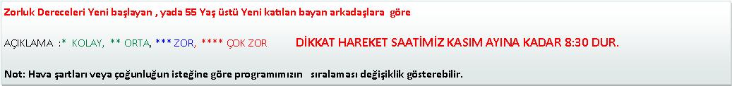 Metin Kutusu: Zorluk Dereceleri Yeni ba�layan , yada 55 Ya� �st� Yeni kat�lan bayan arkada�lara&nbsp; g�re                                                                                    A�IKLAMA&nbsp; :*&nbsp; KOLAY,&nbsp; ** ORTA, *** ZOR,&nbsp; **** �OK ZOR           D�KKAT HAREKET SAAT�M�Z KASIM AYINA KADAR 8:30 DUR.Not: Hava �artlar� veya �o�unlu�un iste�ine g�re program�m�z�n &nbsp; s�ralamas� de�i�iklik g�sterebilir.
