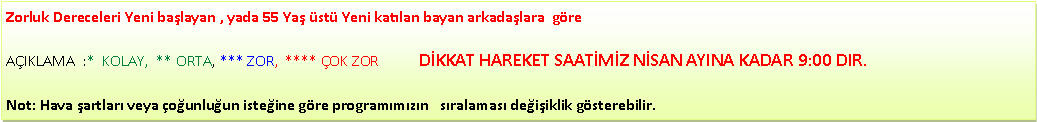 Metin Kutusu: Zorluk Dereceleri Yeni ba�layan , yada 55 Ya� �st� Yeni kat�lan bayan arkada�lara&nbsp; g�re                                                                                    A�IKLAMA&nbsp; :*&nbsp; KOLAY,&nbsp; ** ORTA, *** ZOR,&nbsp; **** �OK ZOR           D�KKAT HAREKET SAAT�M�Z N�SAN AYINA KADAR 9:00 DIR.Not: Hava �artlar� veya �o�unlu�un iste�ine g�re program�m�z�n &nbsp; s�ralamas� de�i�iklik g�sterebilir.