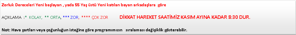 Metin Kutusu: Zorluk Dereceleri Yeni ba�layan , yada 55 Ya� �st� Yeni kat�lan bayan arkada�lara&nbsp; g�re                                                                                    A�IKLAMA&nbsp; :*&nbsp; KOLAY,&nbsp; ** ORTA, *** ZOR,&nbsp; **** �OK ZOR           D�KKAT HAREKET SAAT�M�Z KASIM AYINA KADAR 8:30 DUR.Not: Hava �artlar� veya �o�unlu�un iste�ine g�re program�m�z�n &nbsp; s�ralamas� de�i�iklik g�sterebilir.