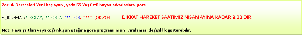 Metin Kutusu: Zorluk Dereceleri Yeni ba�layan , yada 55 Ya� �st� bayan arkada�lara&nbsp; g�re                                                                                    A�IKLAMA&nbsp; :*&nbsp; KOLAY,&nbsp; ** ORTA, *** ZOR,&nbsp; **** �OK ZOR           D�KKAT HAREKET SAAT�M�Z N�SAN AYINA KADAR 9:00 DIR.Not: Hava �artlar� veya �o�unlu�un iste�ine g�re program�m�z�n &nbsp; s�ralamas� de�i�iklik g�sterebilir.