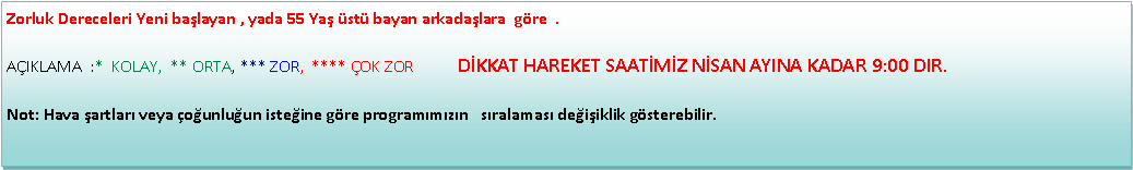 Metin Kutusu: Zorluk Dereceleri Yeni ba�layan , yada 55 Ya� �st� bayan arkada�lara&nbsp; g�re  .  A�IKLAMA&nbsp; :*&nbsp; KOLAY,&nbsp; ** ORTA, *** ZOR,&nbsp; **** �OK ZOR           D�KKAT HAREKET SAAT�M�Z N�SAN AYINA KADAR 9:00 DIR.Not: Hava �artlar� veya �o�unlu�un iste�ine g�re program�m�z�n &nbsp; s�ralamas� de�i�iklik g�sterebilir.