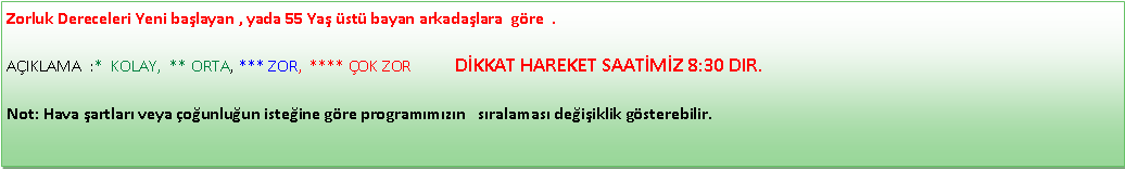 Metin Kutusu: Zorluk Dereceleri Yeni ba�layan , yada 55 Ya� �st� bayan arkada�lara&nbsp; g�re  .  A�IKLAMA&nbsp; :*&nbsp; KOLAY,&nbsp; ** ORTA, *** ZOR,&nbsp; **** �OK ZOR           D�KKAT HAREKET SAAT�M�Z 8:30 DIR.Not: Hava �artlar� veya �o�unlu�un iste�ine g�re program�m�z�n &nbsp; s�ralamas� de�i�iklik g�sterebilir.