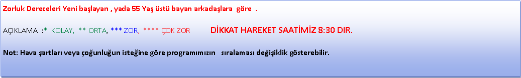 Metin Kutusu: Zorluk Dereceleri Yeni ba�layan , yada 55 Ya� �st� bayan arkada�lara&nbsp; g�re  .  A�IKLAMA&nbsp; :*&nbsp; KOLAY,&nbsp; ** ORTA, *** ZOR,&nbsp; **** �OK ZOR           D�KKAT HAREKET SAAT�M�Z 8:30 DIR.Not: Hava �artlar� veya �o�unlu�un iste�ine g�re program�m�z�n &nbsp; s�ralamas� de�i�iklik g�sterebilir.