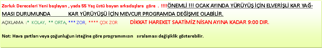 Metin Kutusu: Zorluk Dereceleri Yeni ba�layan , yada 55 Ya� �st� bayan arkada�lara&nbsp; g�re  .  !!!!�NEML� !!! OCAK AYINDA Y�R�Y�� ���N ELVER��L� KAR YA�MASI DURUMUNDA              KAR Y�R�Y��� ���N MEVCUR PROGRAMDA DE���ME OLAB�L�R.                                                                                               A�IKLAMA&nbsp; :*&nbsp; KOLAY,&nbsp; ** ORTA, *** ZOR,&nbsp; **** �OK ZOR           D�KKAT HAREKET SAAT�M�Z N�SAN AYINA KADAR 9:00 DIR.Not: Hava �artlar� veya �o�unlu�un iste�ine g�re program�m�z�n &nbsp; s�ralamas� de�i�iklik g�sterebilir.